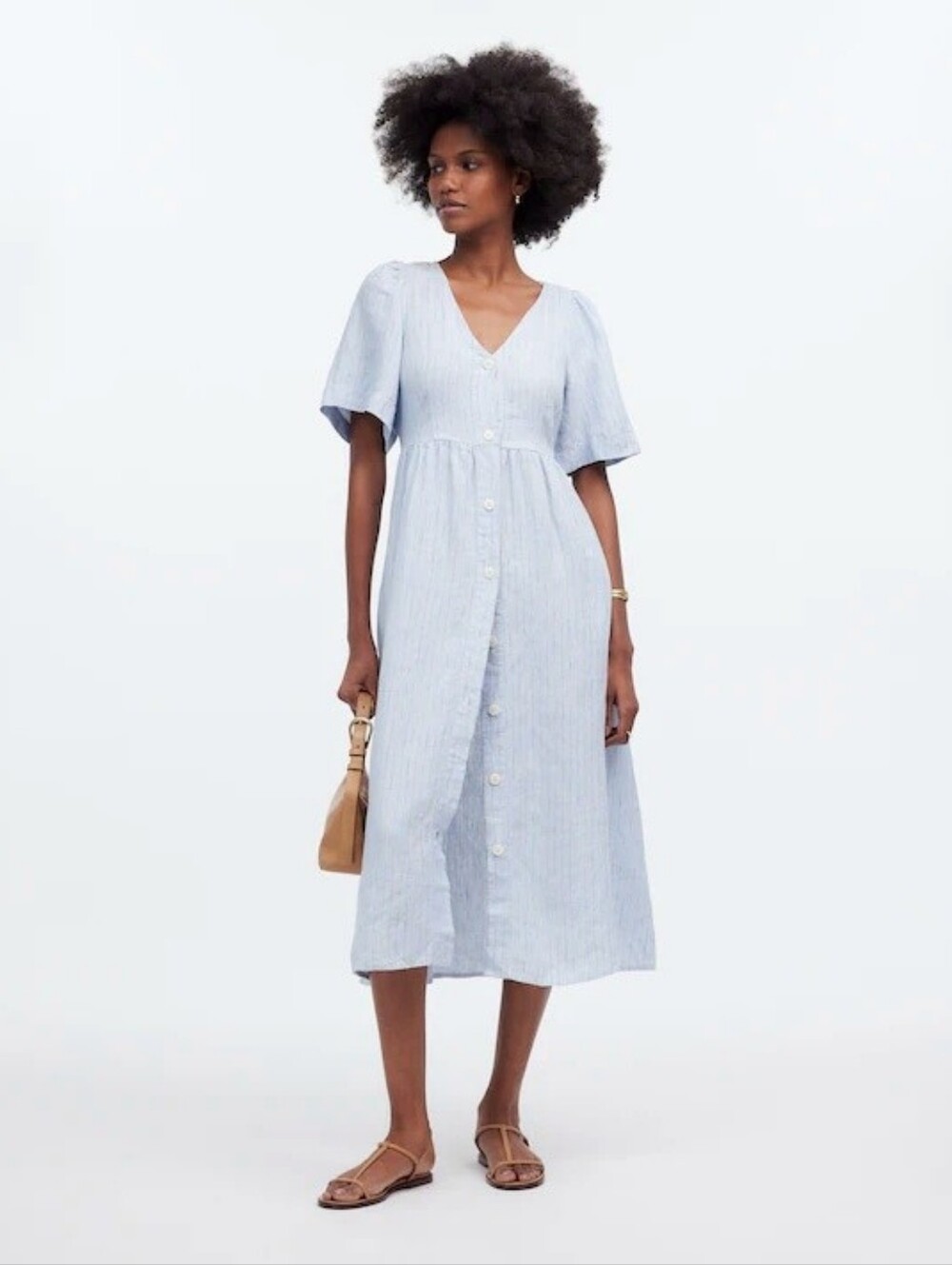 Madewell Cassie Button-Front Midi Dress powder blue Linen stripes women's small